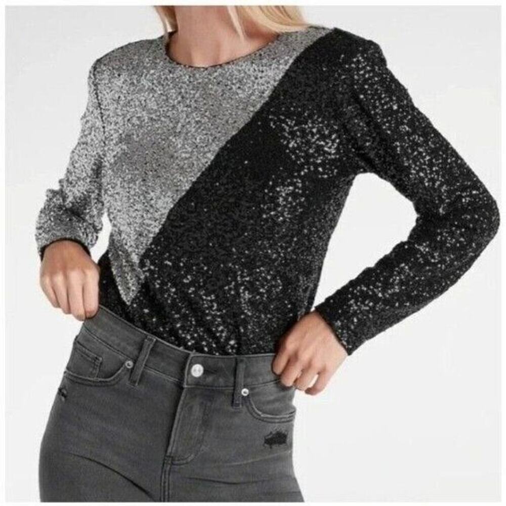 Express sz Medium M black silver sequin strong shoulder open back bodysuit 1 pc
